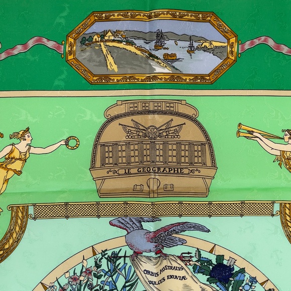 NWT Vintage Hermes Scarf Carré 90 "Le Geographe" in Green - Picture 2 of 10